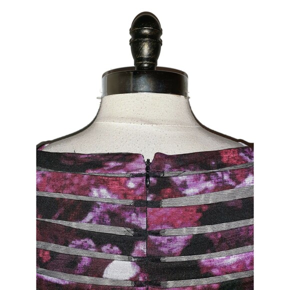 ADRIANNA PAPELL Size 8 Sheath Dress Black Purple Floral Short Sleeve Tiered - Picture 5 of 6
